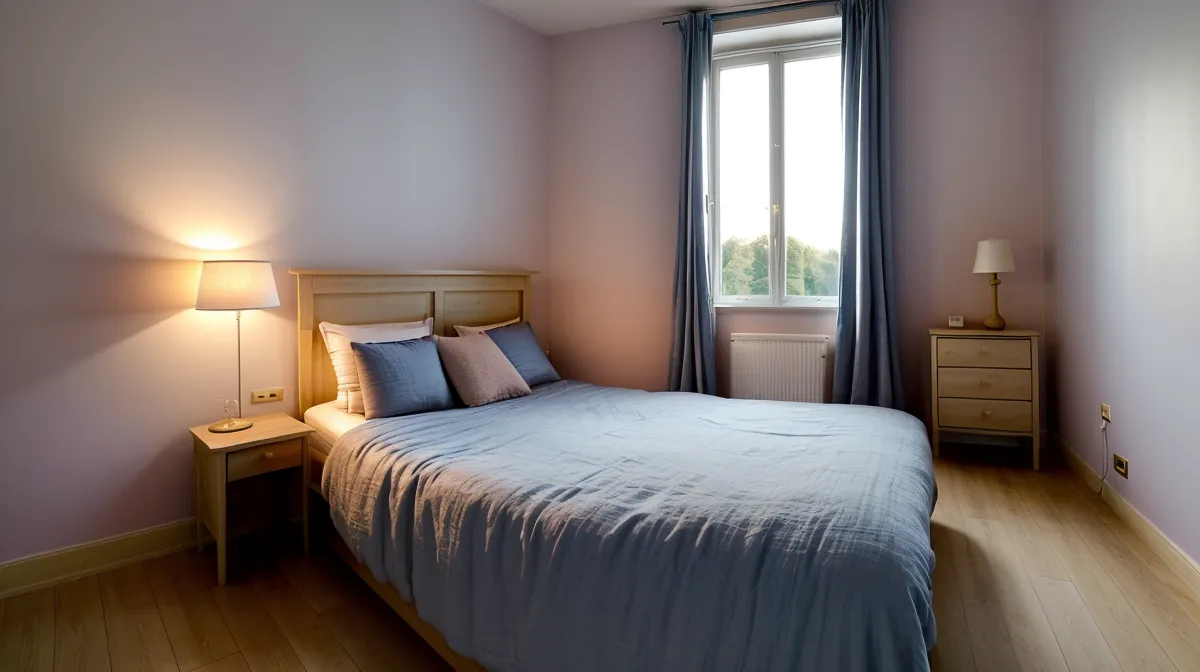 Chambre faiblement éclairée illustrant le lâcher-prise sexuel et la gestion du stress pour mieux se relaxer au lit
