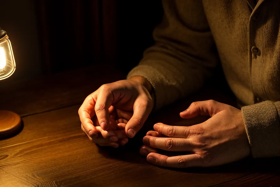 Gros plan d'une main d'homme posée sur une table de nuit en bois près d'une liseuse, symbole du lâcher-prise sexuel et de l'intimité de couple apaisée.