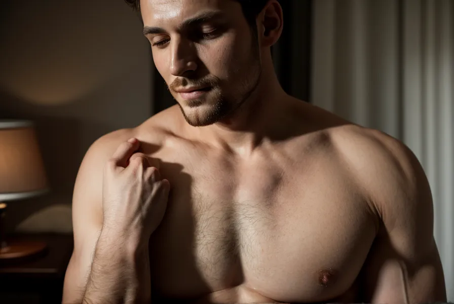 Détail du torse détendu d'un homme après une respiration profonde, illustrant le bien-être masculin et la gestion du stress au quotidien.
