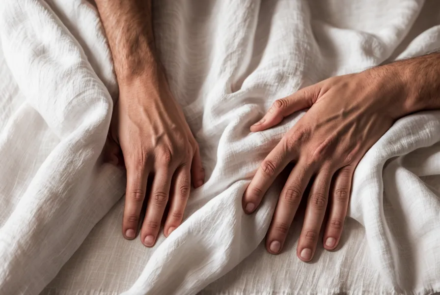 Main d'homme détendue sur des draps en lin blanc, image du lâcher-prise sexuel et du bien-être masculin