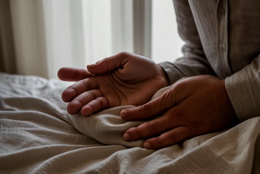 Mains détendues sur des draps en lin, symbole du lâcher-prise sexuel et de la respiration consciente.
