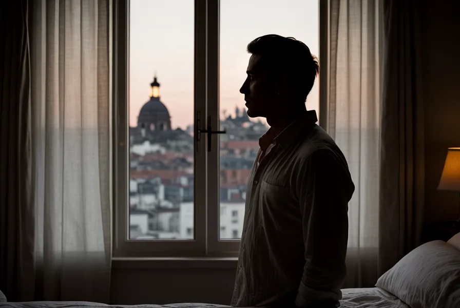 Silhouette d'homme à la fenêtre le soir à Namur, image du bien-être masculin après avoir lâché la pression de performance.