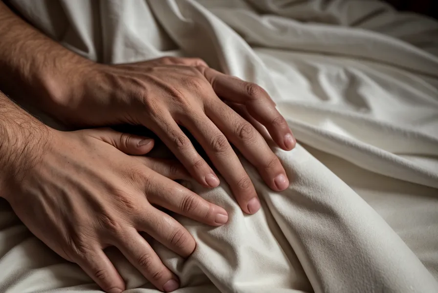 Lâcher prise mental : gros plan d'une main d'homme détendue sur des draps en coton doux