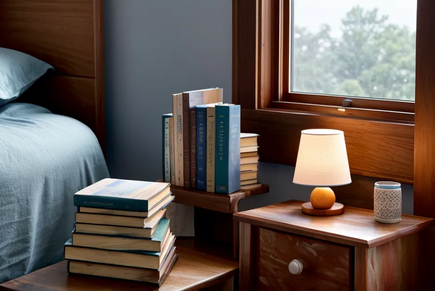 Livres et verre d'eau sur une table de nuit en bois sous la lumière de la lune, décor calme pour le lâcher prise