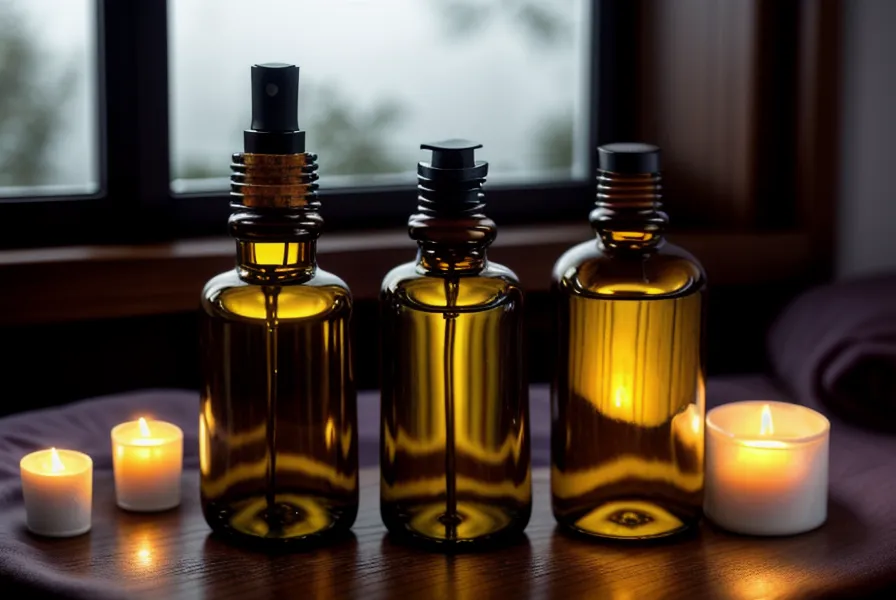 Flacon d'huile de massage sensuel sur une table de chevet, geste associé au lâcher-prise sexuel plutôt qu'à l'anxiété de performance