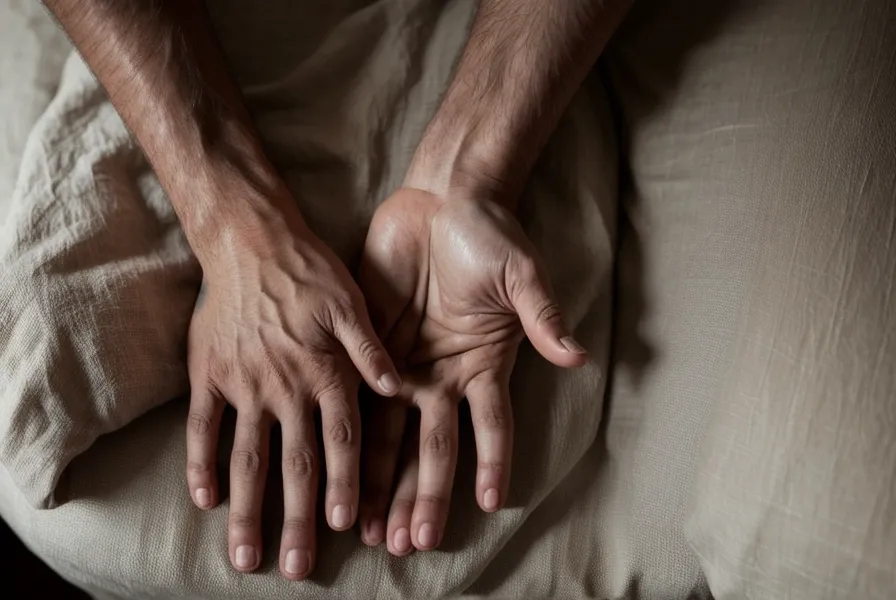 Main d'homme détendue sur un drap en lin, respiration abdominale et intimité apaisée