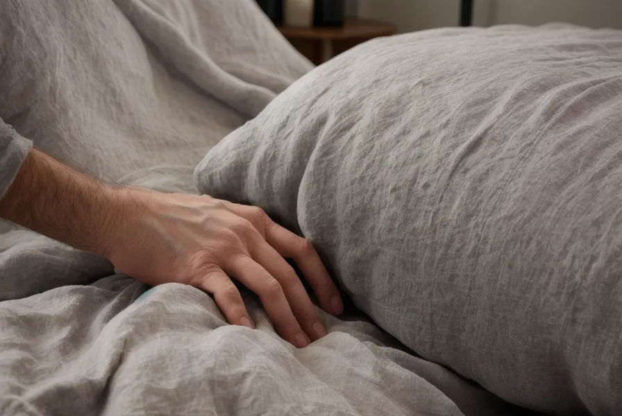 Doigts effleurant la texture d'une couette en lin, exercice de sensations tactiles pour le lâcher-prise