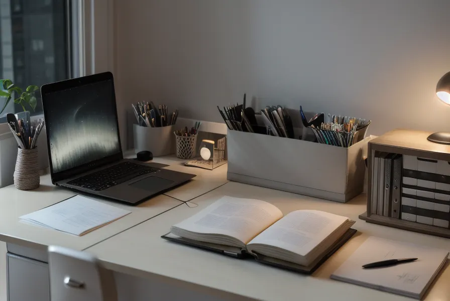 Un bureau de freelance le soir, carnet et ordinateur sous une lumière douce — l'anxiété de performance commence souvent avant même la chambre.