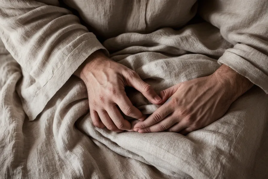 Une main d'homme posée calmement sur un drap en lin dans la pénombre, image de détente sexuelle et de bien-être masculin sans pression de performance.