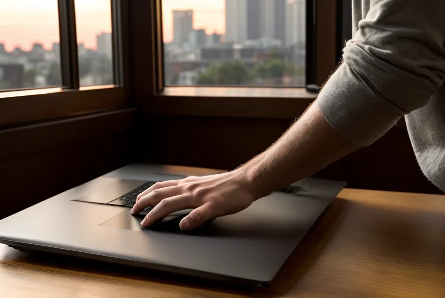 Main qui referme un ordinateur portable dans la pénombre, rituel de déconnexion du soir contre le stress freelance