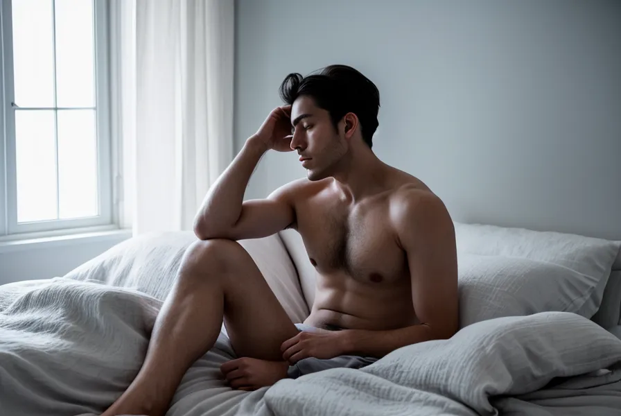 Bien-être masculin : un homme pratiquant la respiration profonde pour se détendre avant l'intimité.