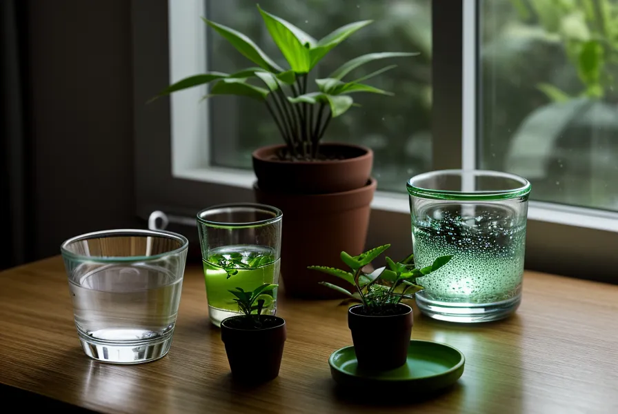Table de chevet avec un verre d'eau et une petite plante dans une lumière tamisée, le calme qui suit une vraie détente sexuelle après le travail.