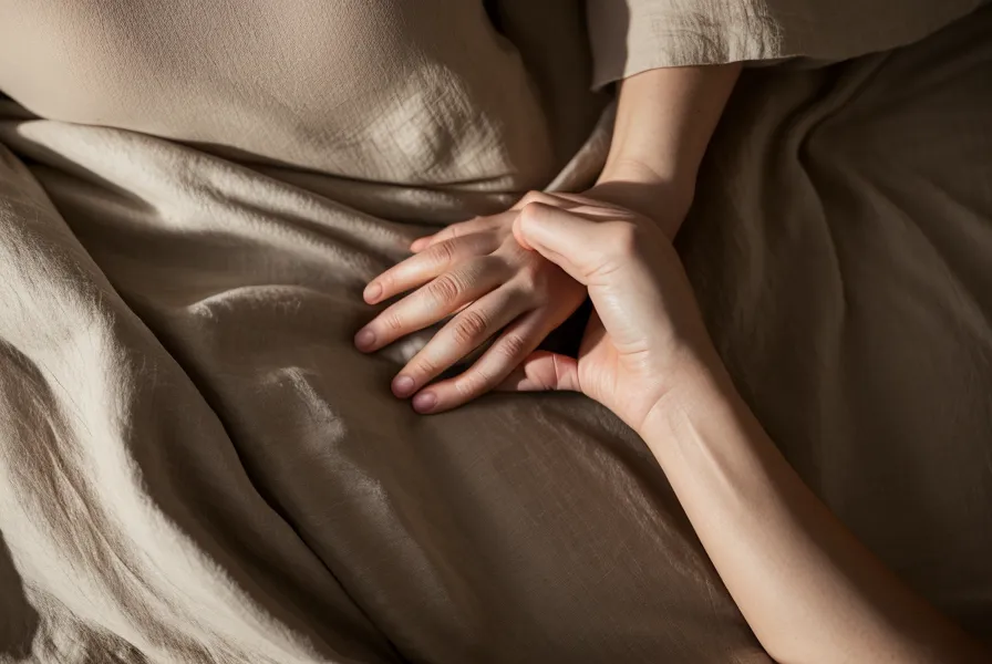 Gros plan de mains détendues sur des draps en lin, symbole du lâcher-prise et de la respiration consciente