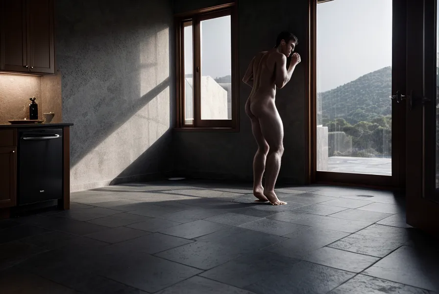 Pieds nus sur le carrelage froid d'une cuisine la nuit, image du lâcher-prise sexuel loin de la pression de bien faire