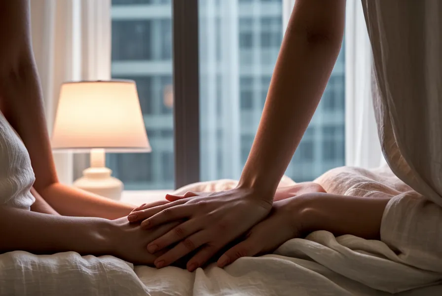 Mains détendues sur des draps en lin, symbole du bien-être masculin retrouvé grâce au lâcher-prise