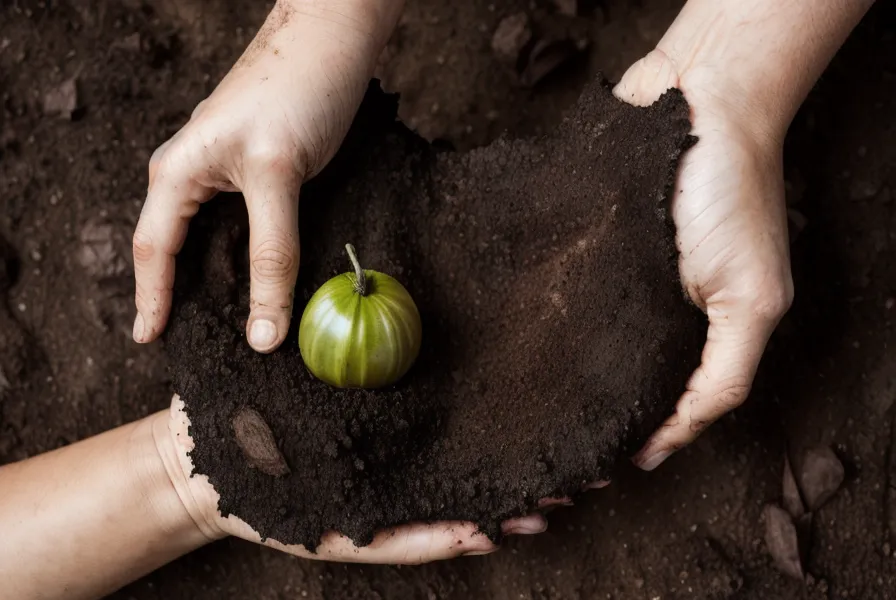 Mains terreuses tenant une jeune pousse de tomate, image de l'anxiété de performance apaisée au jardin