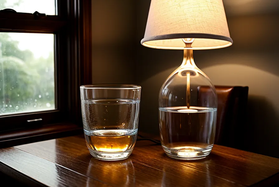 Verre d'eau et carnet sur une table de nuit, symbole du lâcher-prise sexuel et de la détente homme le soir