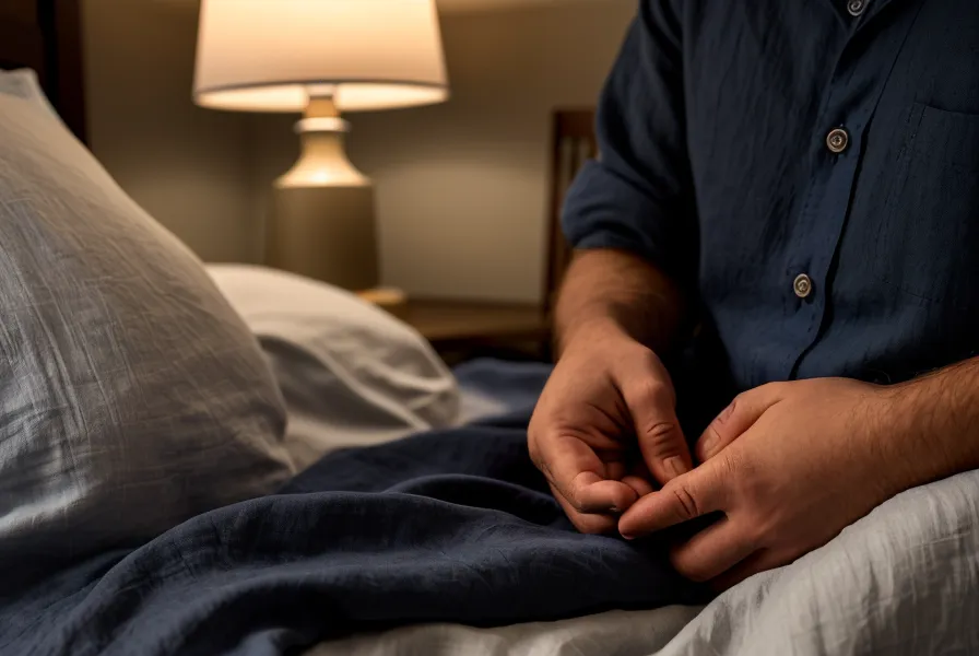 Mains d'homme détendues sur une couette, signe visible du lâcher-prise mental et de la baisse d'anxiété de performance