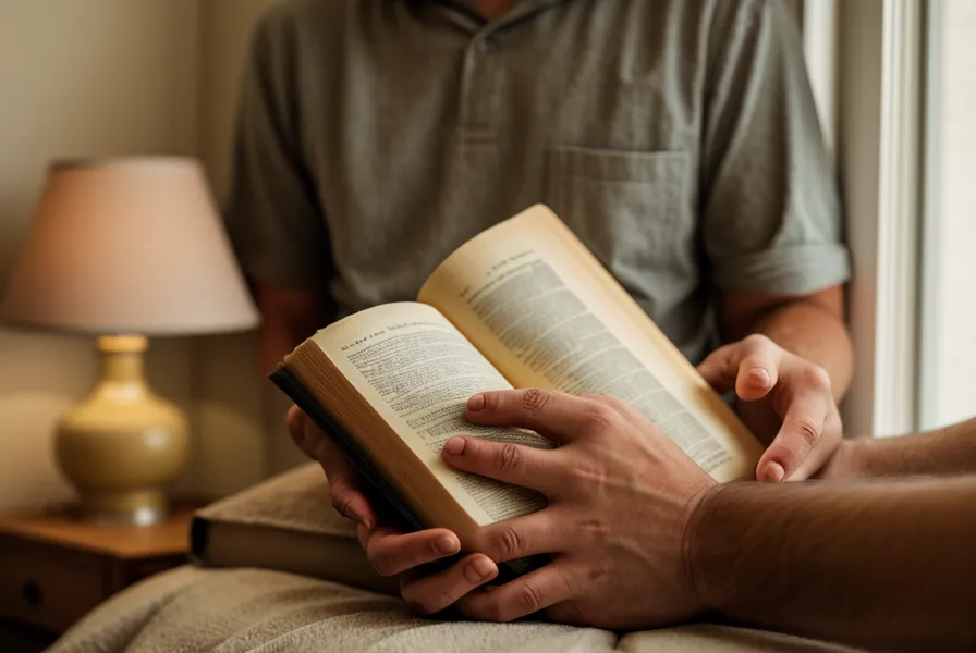 Gros plan sur les mains d'un homme tenant un vieux livre de fiction, un rituel de détente mentale loin du travail de freelance