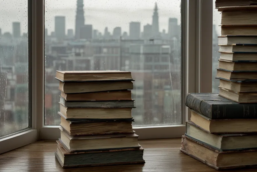 Vue d'une fenêtre dans la vieille ville de Namur sous la pluie, près de la place Saint-Aubain, avec des livres sur le rebord