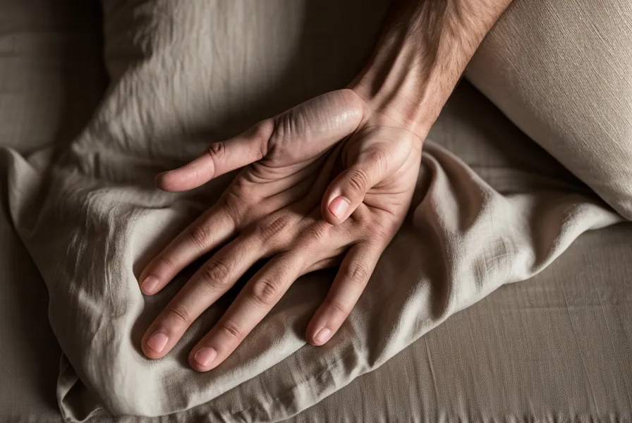 Main détendue sur un drap en lin, respiration abdominale et lâcher-prise sexuel après un dîner léger