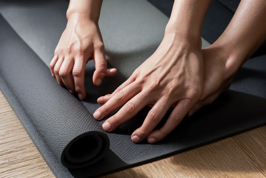 Tapis de yoga doux déroulé sur un vieux parquet, lumière tamisée en fin de journée