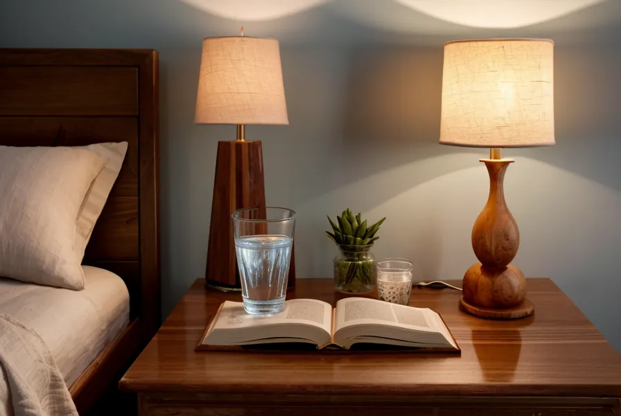 Verre d'eau sur une table de nuit en bois, rappel discret de l'hydratation et de la détente sexuelle