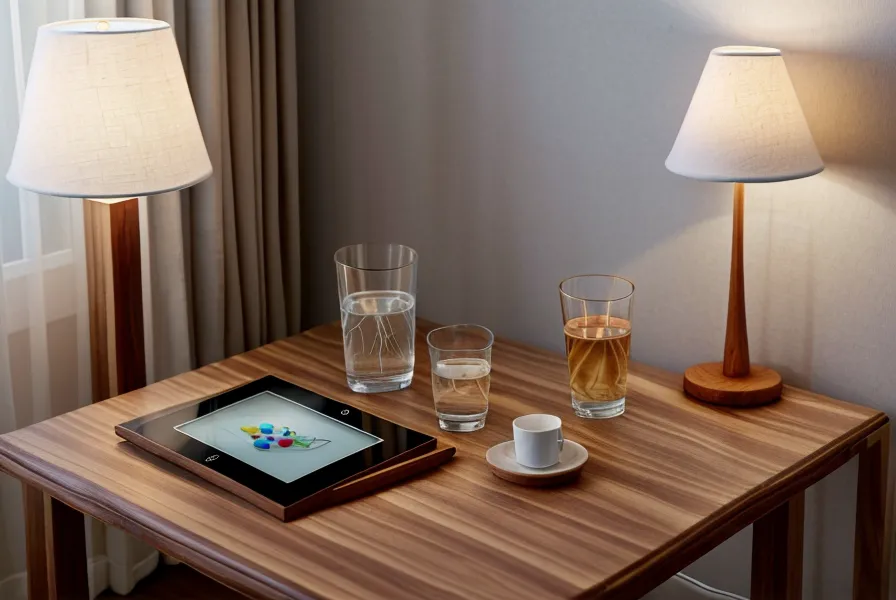 Table en bois avec verre d'eau sous une lumière douce, ambiance calme pour la gestion de l'anxiété