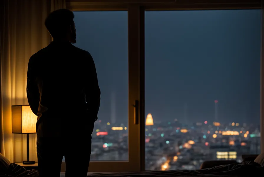 Silhouette d'homme regardant les lumières de Namur le soir, symbole du ralentissement et du lâcher-prise