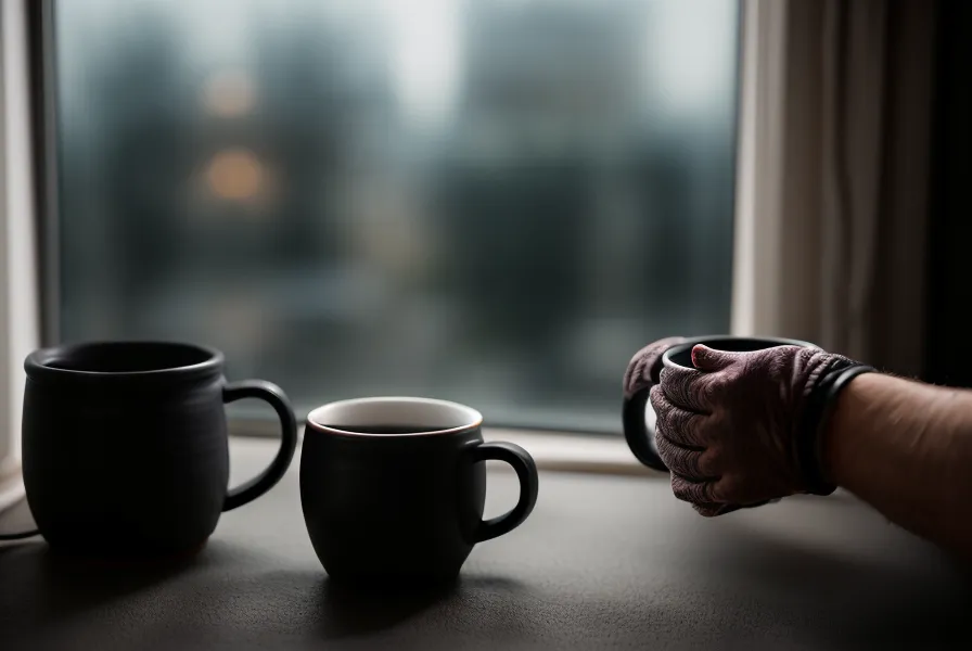 Mains refermées sur une tasse d'infusion bien-être chaude, ancrage sensoriel avant un moment d'intimité naturelle