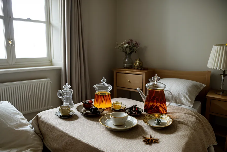 Théière en verre et plantes séchées pour une infusion de détente sexuelle, étape du rituel du soir contre le stress de performance