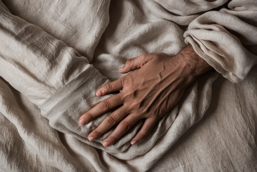 Main d'homme détendue sur des draps en lin, respiration lente et lâcher-prise plutôt que contrôle mental