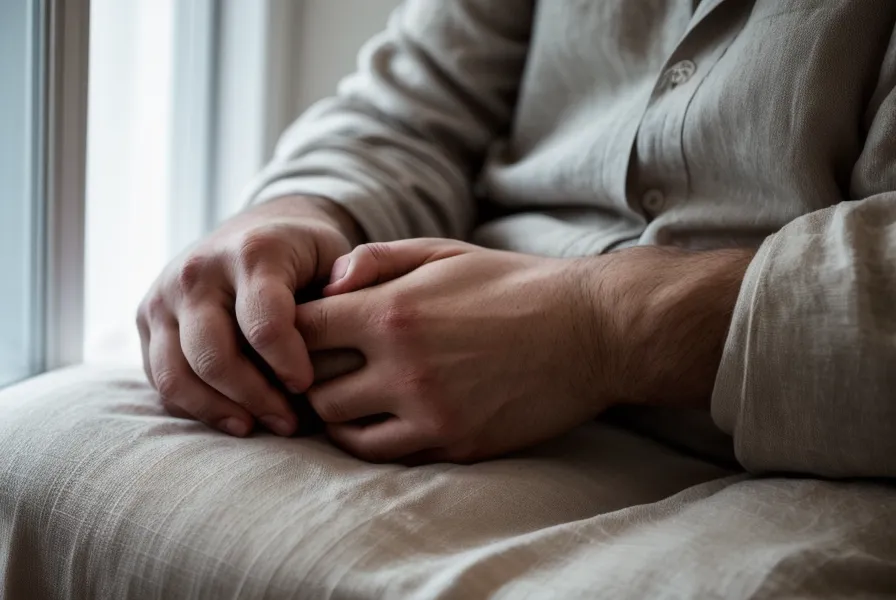 Gros plan sur des mains qui se relâchent sur les genoux, signe de lâcher-prise avant l'intimité.