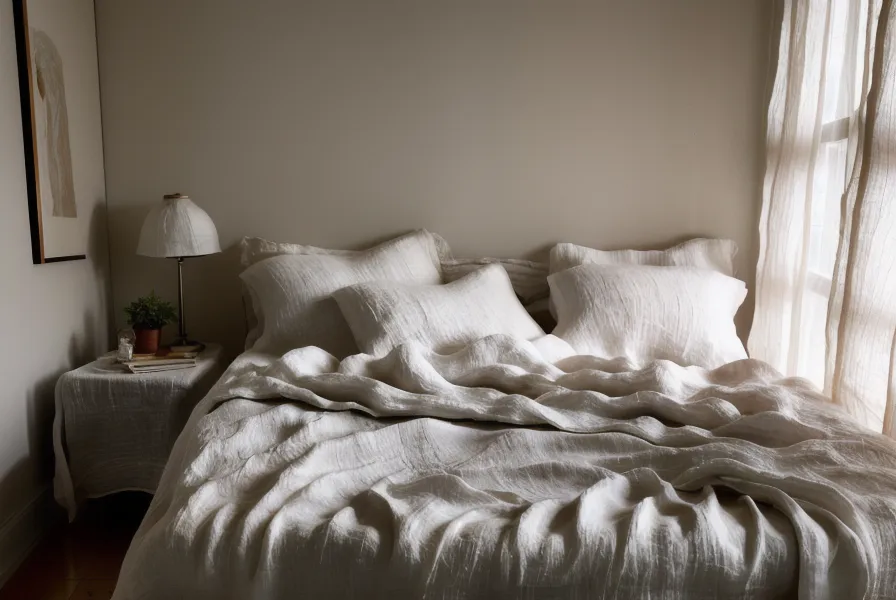 Un lit douillet avec des draps en lin, ambiance d'intimité détente propice au lâcher-prise.